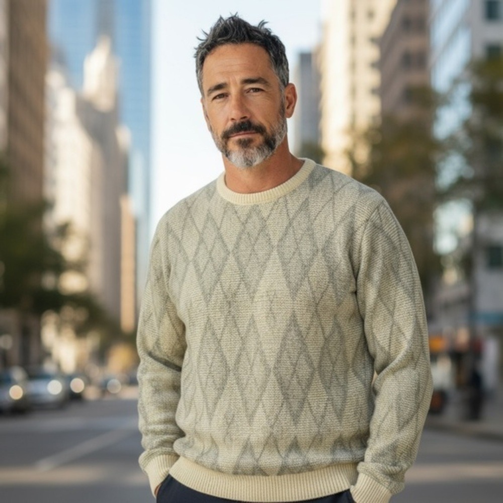 Tricots St Raphael Argyle Diamond Crewneck Sweater Mens LT Green Tan Knit Preppy